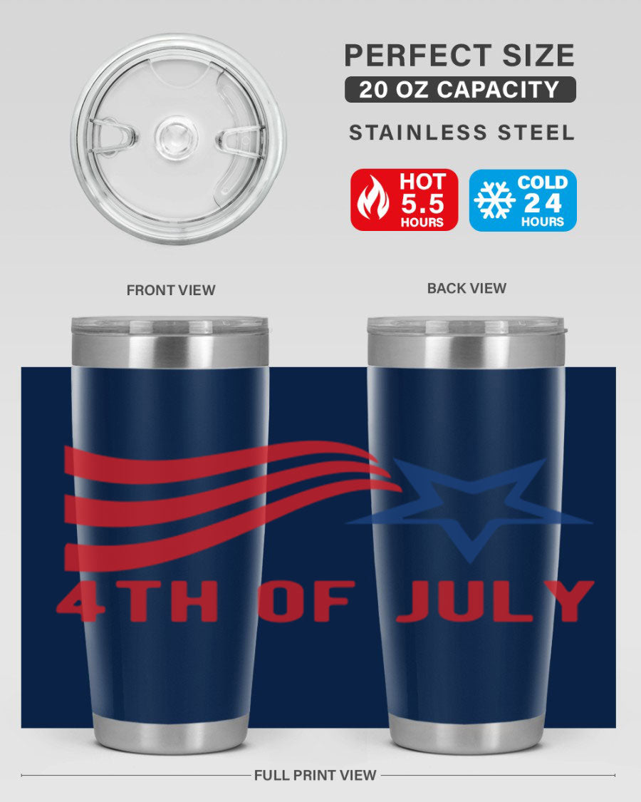 A vibrant 4th of July tumbler featuring a patriotic design, made of double wall vacuum stainless steel with a drink-thru lid.