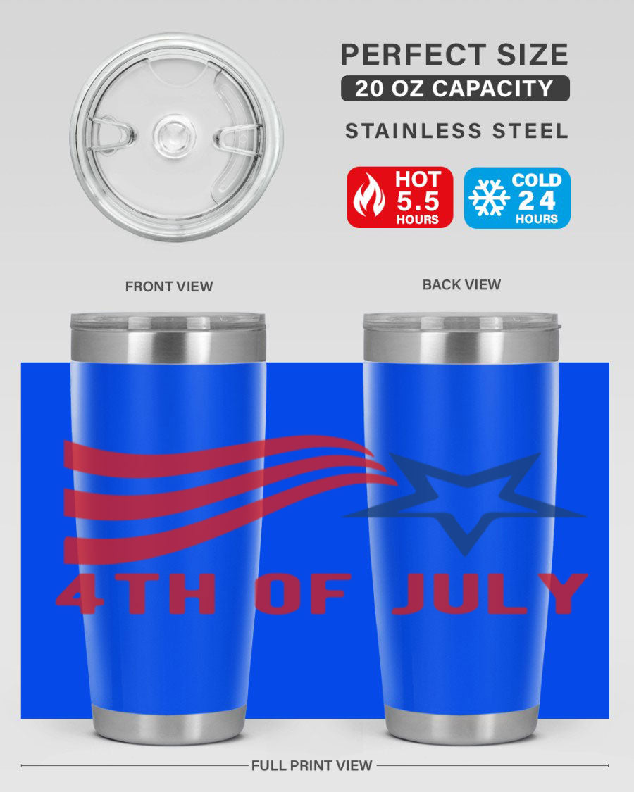 A vibrant 4th of July tumbler featuring a patriotic design, made of double wall vacuum stainless steel with a drink-thru lid.