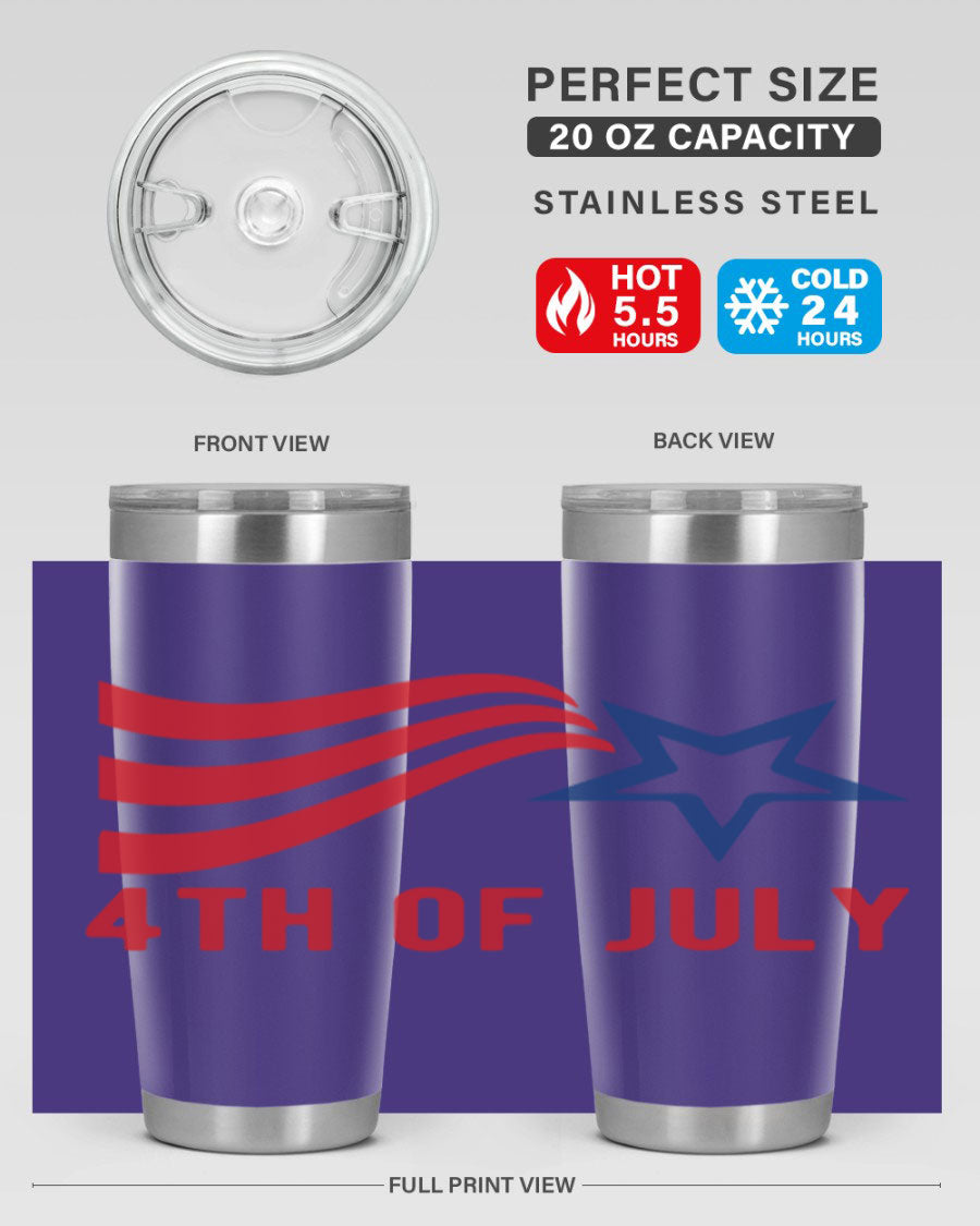 A vibrant 4th of July tumbler featuring a patriotic design, made of double wall vacuum stainless steel with a drink-thru lid.