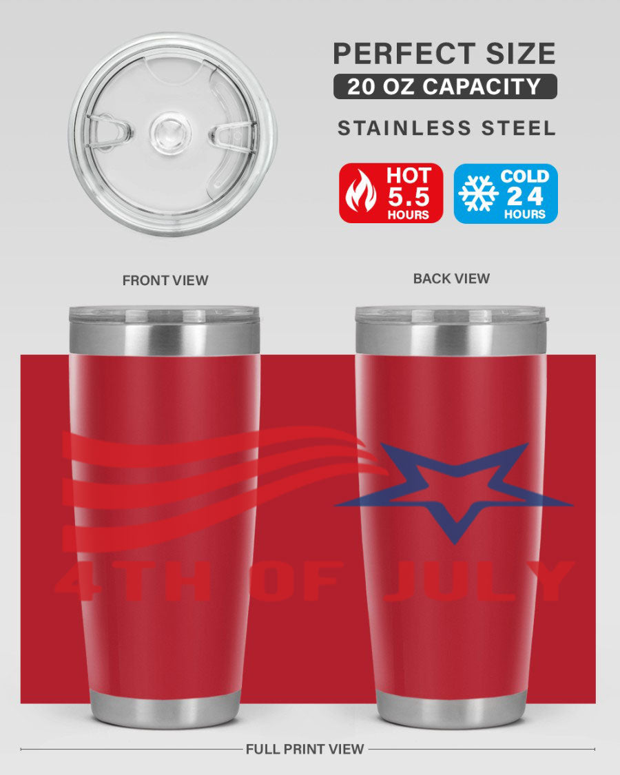 A vibrant 4th of July tumbler featuring a patriotic design, made of double wall vacuum stainless steel with a drink-thru lid.