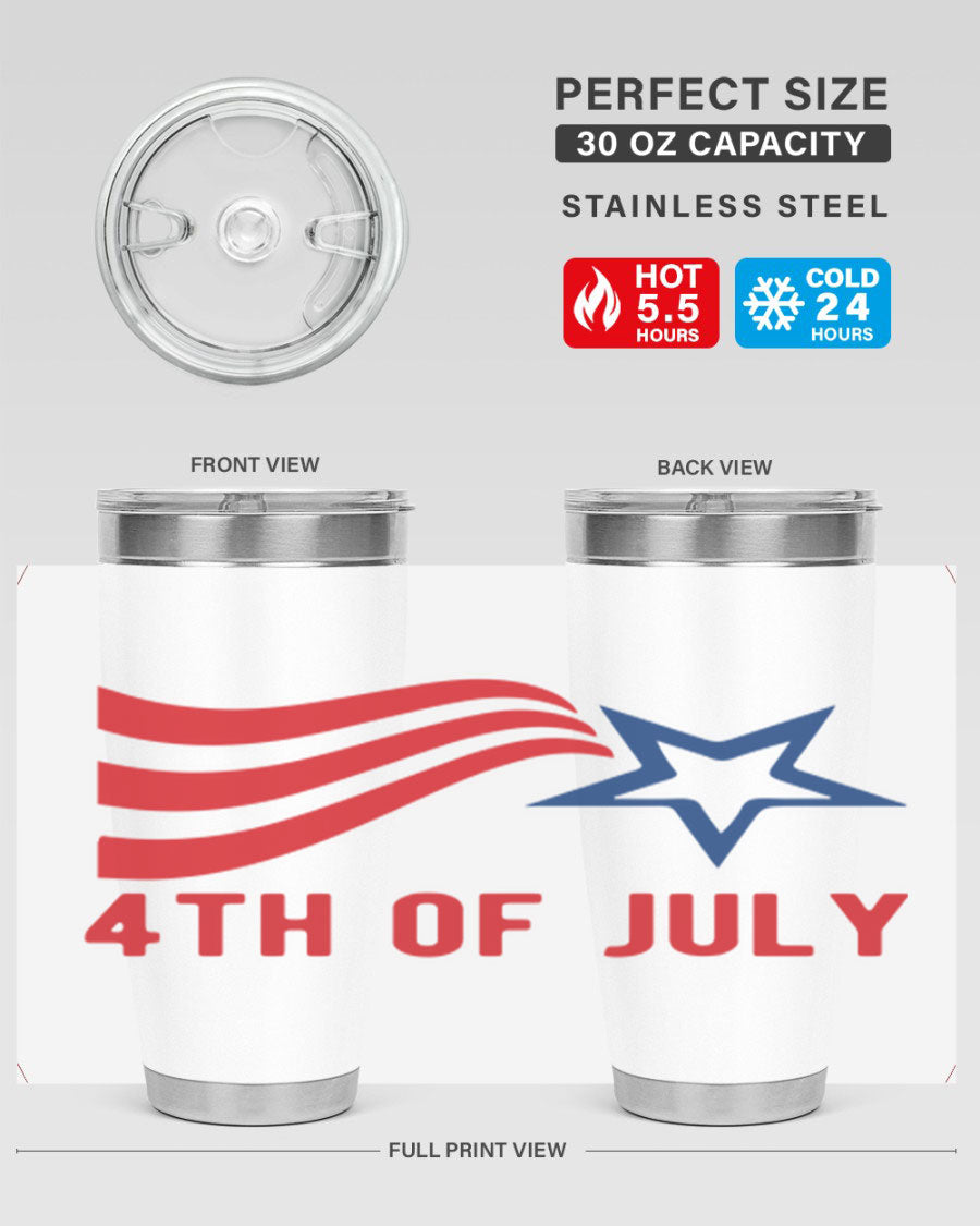 A vibrant 4th of July tumbler featuring a patriotic design, made of double wall vacuum stainless steel with a drink-thru lid.