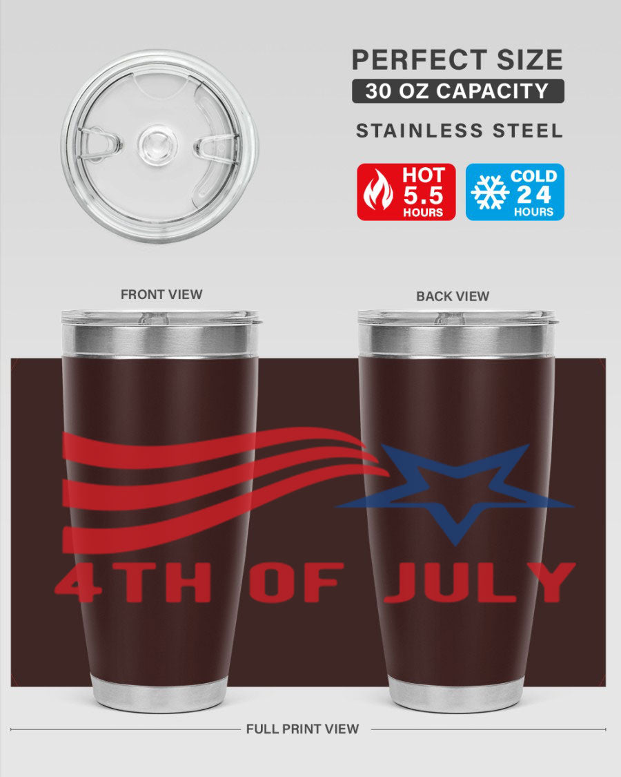 A vibrant 4th of July tumbler featuring a patriotic design, made of double wall vacuum stainless steel with a drink-thru lid.
