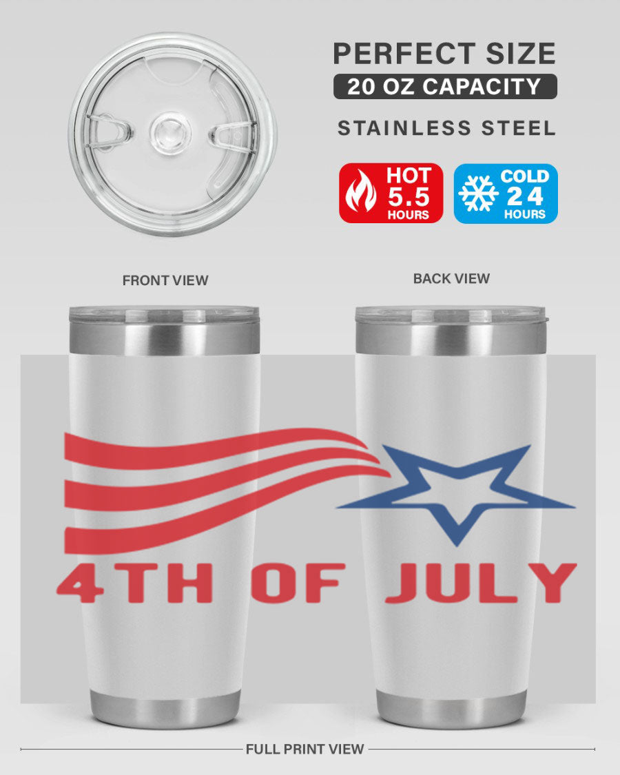 A vibrant 4th of July tumbler featuring a patriotic design, made of double wall vacuum stainless steel with a drink-thru lid.
