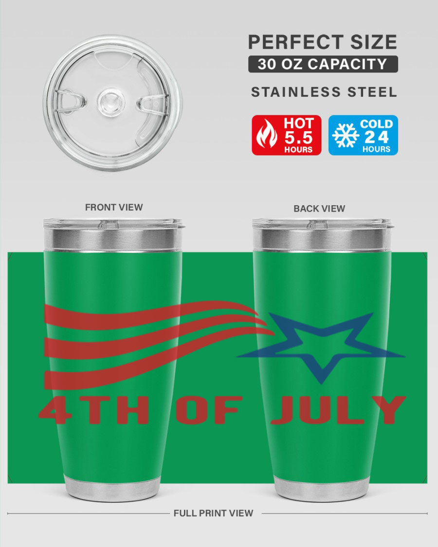 A vibrant 4th of July tumbler featuring a patriotic design, made of double wall vacuum stainless steel with a drink-thru lid.