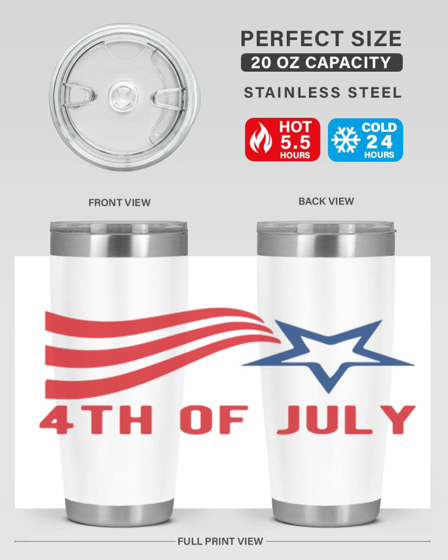 A vibrant 4th of July tumbler featuring a patriotic design, made of double wall vacuum stainless steel with a drink-thru lid.