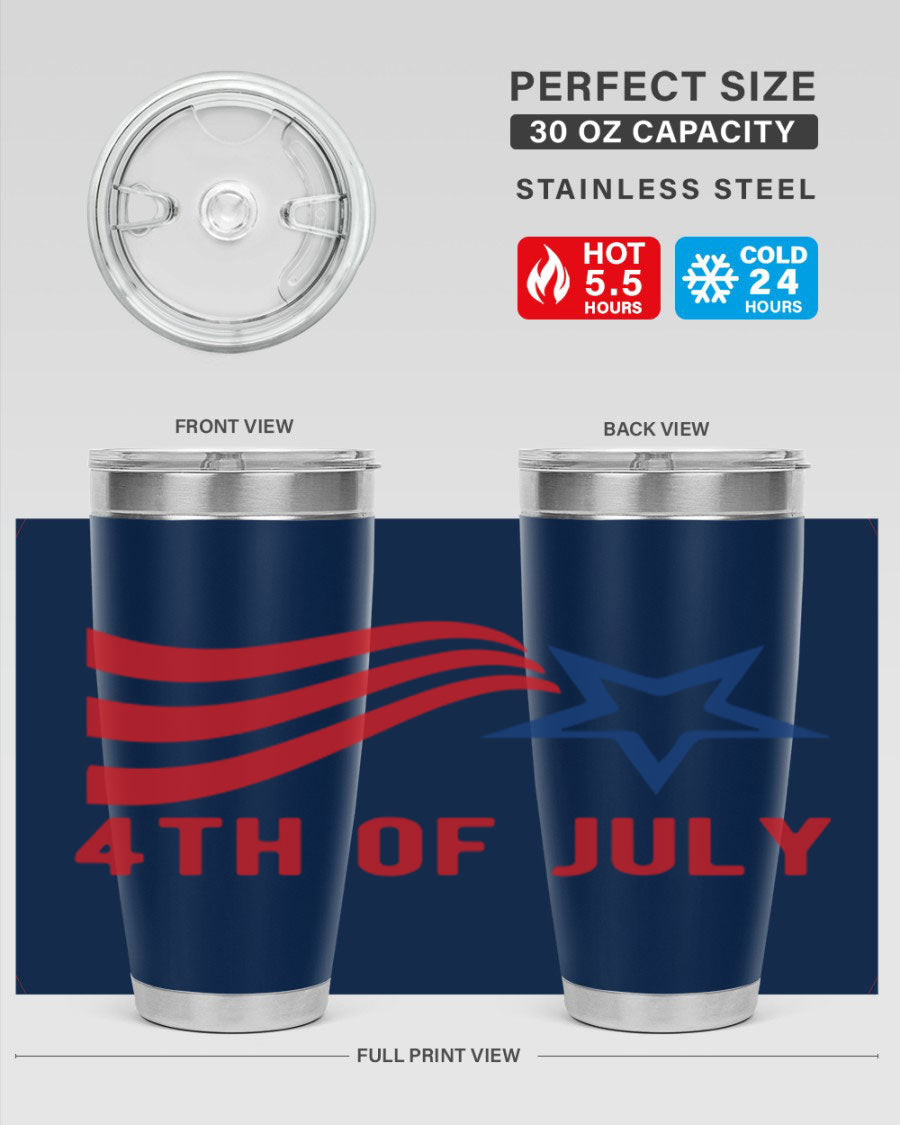 A vibrant 4th of July tumbler featuring a patriotic design, made of double wall vacuum stainless steel with a drink-thru lid.