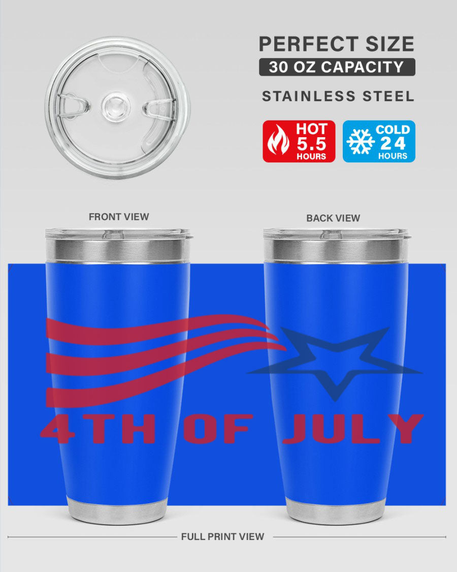 A vibrant 4th of July tumbler featuring a patriotic design, made of double wall vacuum stainless steel with a drink-thru lid.
