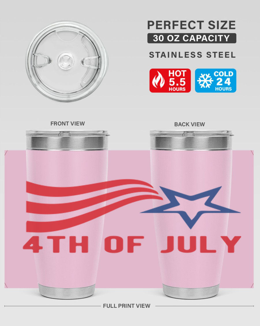 A vibrant 4th of July tumbler featuring a patriotic design, made of double wall vacuum stainless steel with a drink-thru lid.