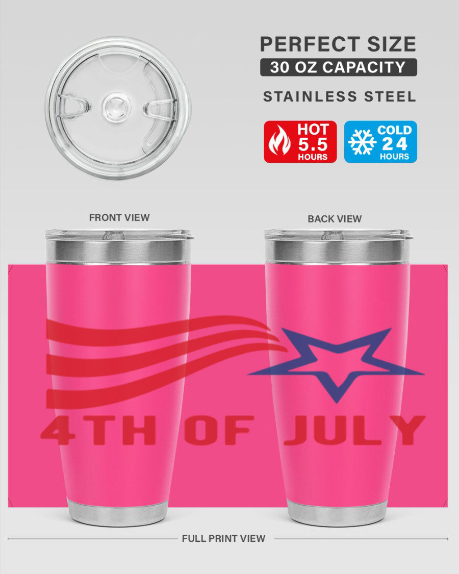 A vibrant 4th of July tumbler featuring a patriotic design, made of double wall vacuum stainless steel with a drink-thru lid.
