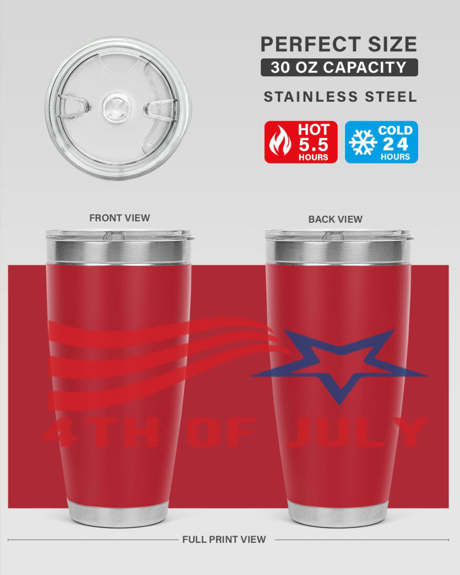 A vibrant 4th of July tumbler featuring a patriotic design, made of double wall vacuum stainless steel with a drink-thru lid.