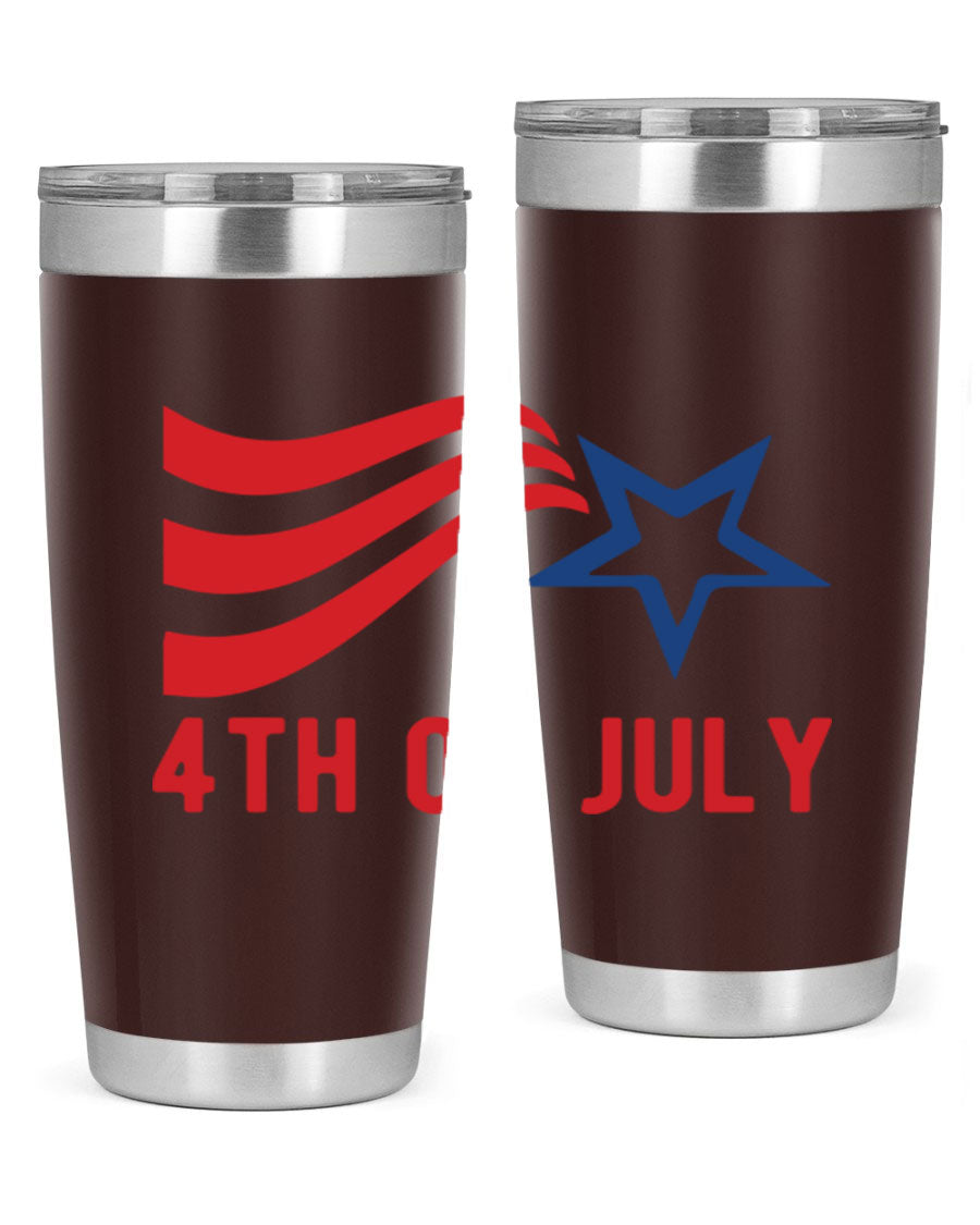 A vibrant 4th of July tumbler featuring a patriotic design, made of double wall vacuum stainless steel with a drink-thru lid.