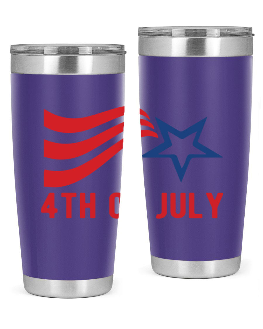 A vibrant 4th of July tumbler featuring a patriotic design, made of double wall vacuum stainless steel with a drink-thru lid.