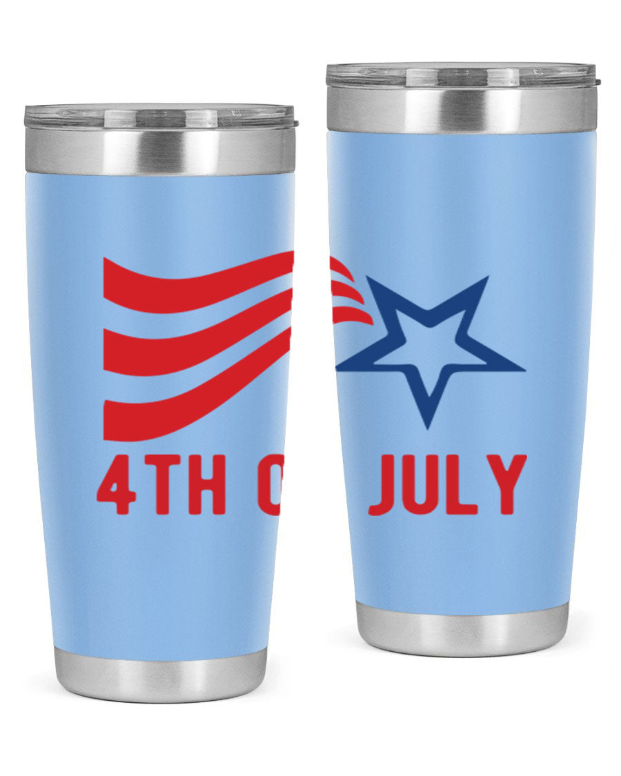 A vibrant 4th of July tumbler featuring a patriotic design, made of double wall vacuum stainless steel with a drink-thru lid.