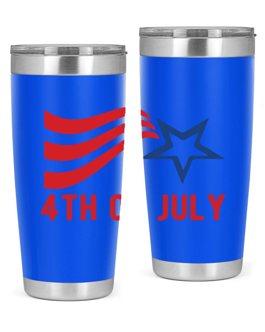 A vibrant 4th of July tumbler featuring a patriotic design, made of double wall vacuum stainless steel with a drink-thru lid.
