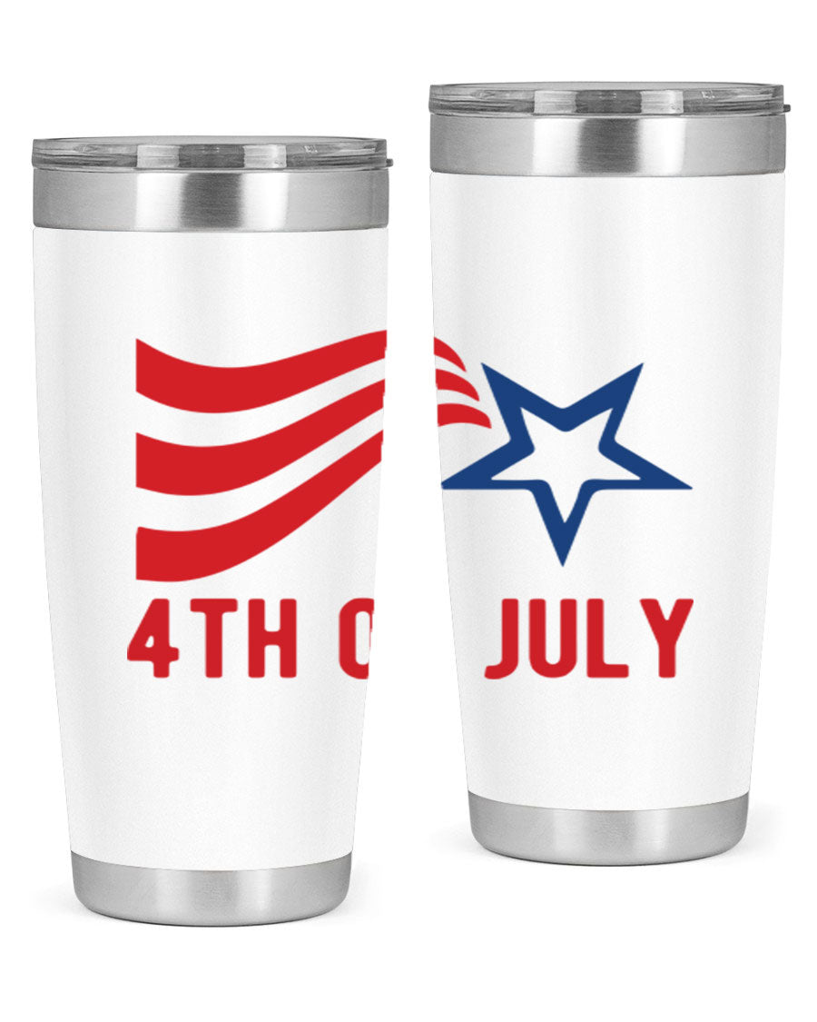 A vibrant 4th of July tumbler featuring a patriotic design, made of double wall vacuum stainless steel with a drink-thru lid.