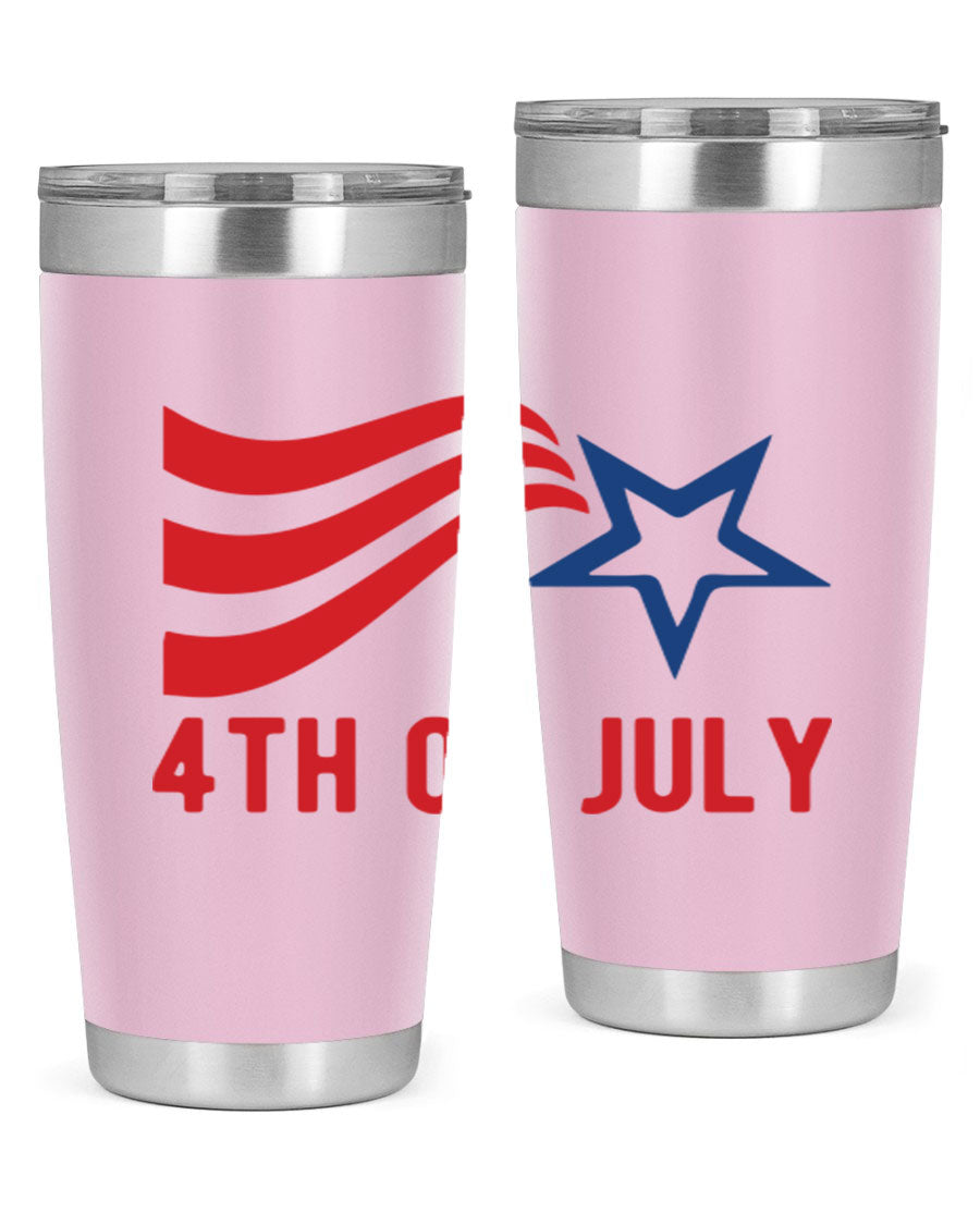 A vibrant 4th of July tumbler featuring a patriotic design, made of double wall vacuum stainless steel with a drink-thru lid.