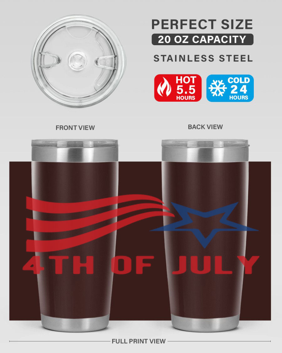 A vibrant 4th of July tumbler featuring a patriotic design, made of double wall vacuum stainless steel with a drink-thru lid.