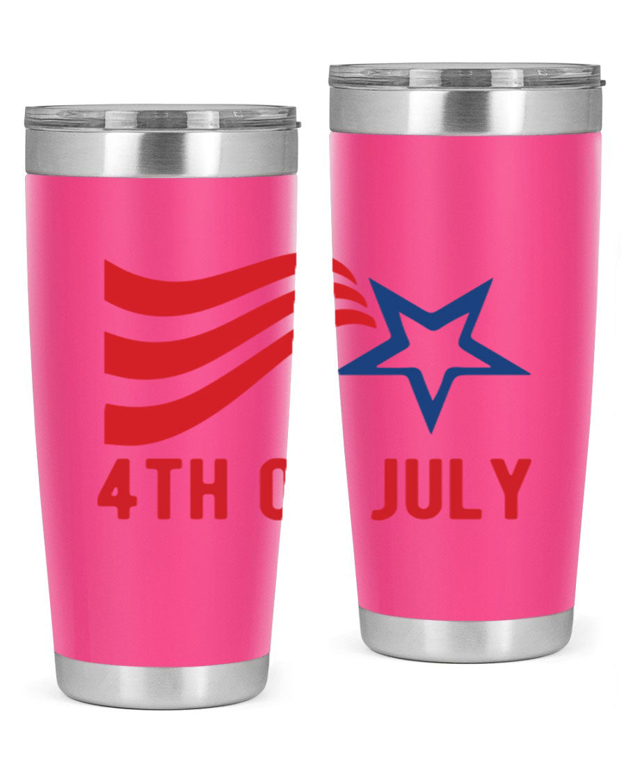 A vibrant 4th of July tumbler featuring a patriotic design, made of double wall vacuum stainless steel with a drink-thru lid.