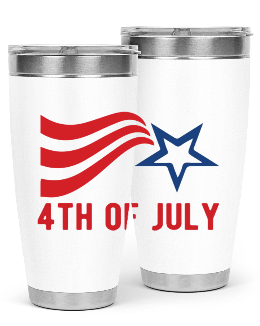 A vibrant 4th of July tumbler featuring a patriotic design, made of double wall vacuum stainless steel with a drink-thru lid.