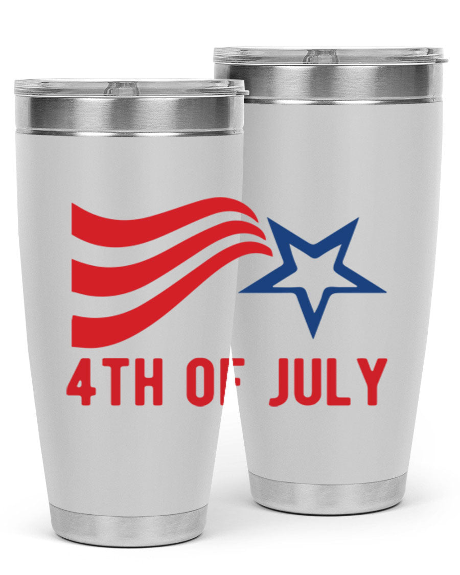 A vibrant 4th of July tumbler featuring a patriotic design, made of double wall vacuum stainless steel with a drink-thru lid.