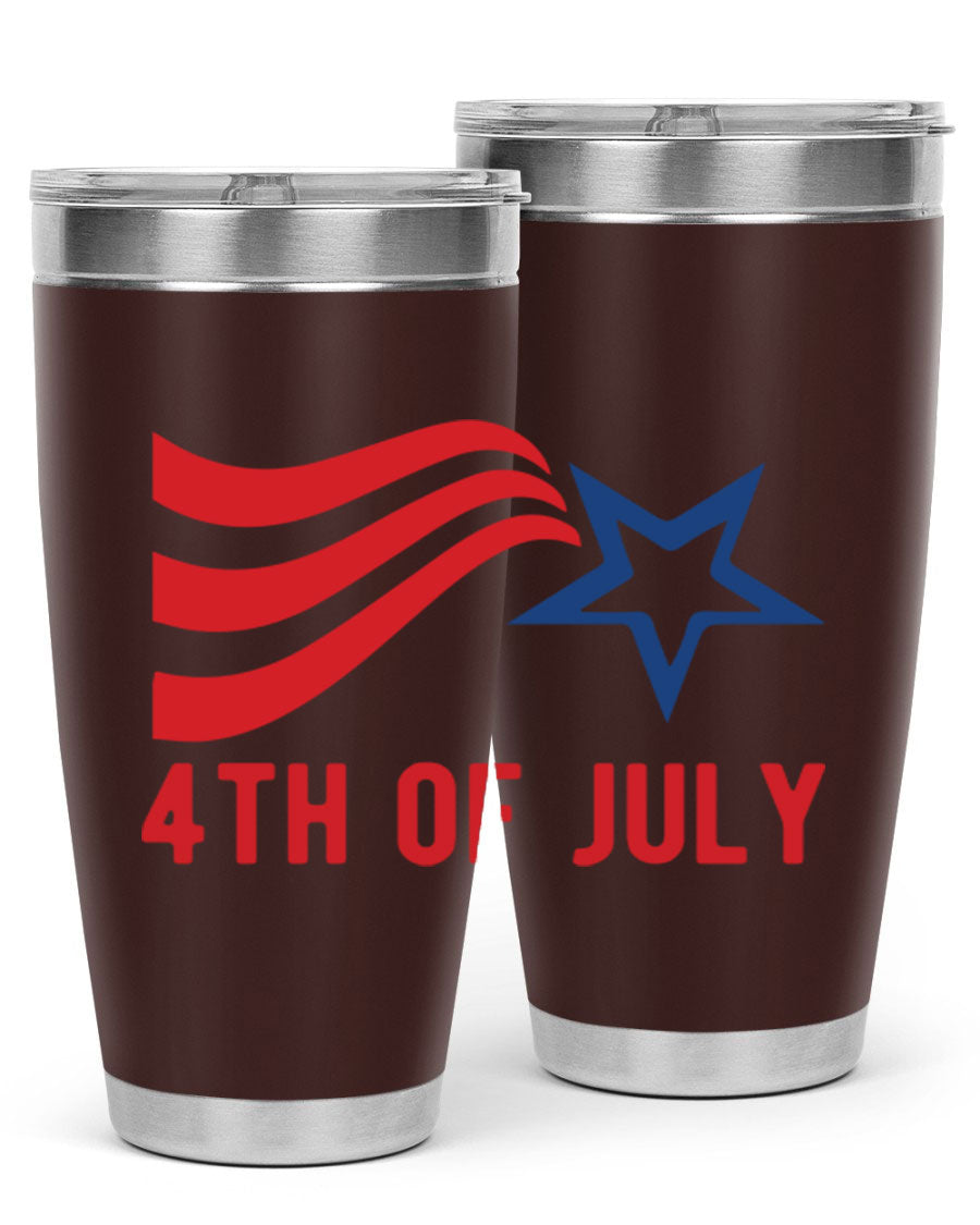 A vibrant 4th of July tumbler featuring a patriotic design, made of double wall vacuum stainless steel with a drink-thru lid.