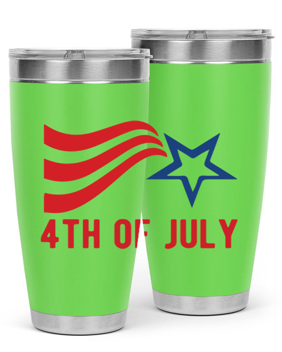 A vibrant 4th of July tumbler featuring a patriotic design, made of double wall vacuum stainless steel with a drink-thru lid.