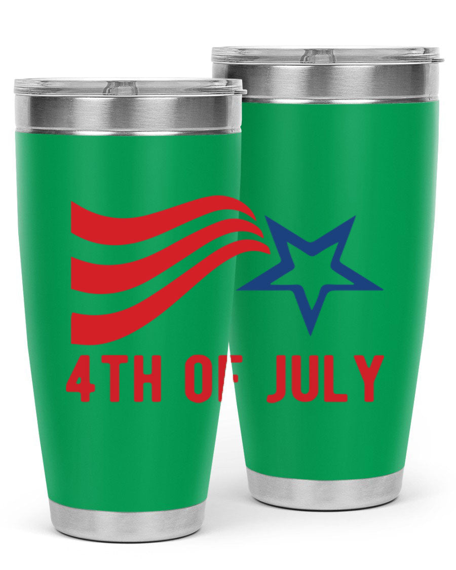 A vibrant 4th of July tumbler featuring a patriotic design, made of double wall vacuum stainless steel with a drink-thru lid.