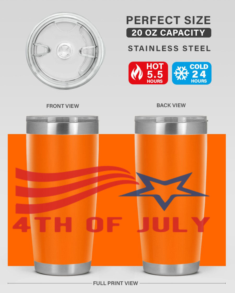 A vibrant 4th of July tumbler featuring a patriotic design, made of double wall vacuum stainless steel with a drink-thru lid.