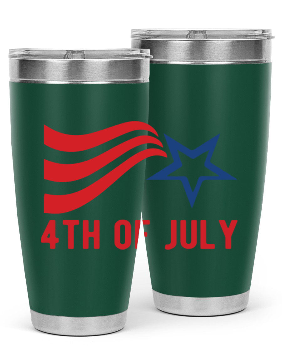 A vibrant 4th of July tumbler featuring a patriotic design, made of double wall vacuum stainless steel with a drink-thru lid.