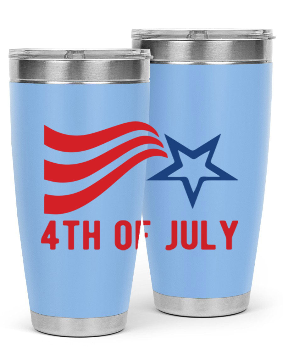 A vibrant 4th of July tumbler featuring a patriotic design, made of double wall vacuum stainless steel with a drink-thru lid.