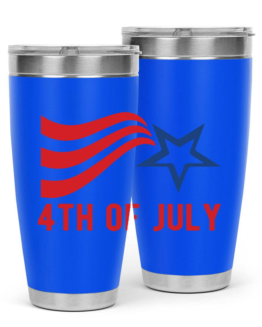 A vibrant 4th of July tumbler featuring a patriotic design, made of double wall vacuum stainless steel with a drink-thru lid.