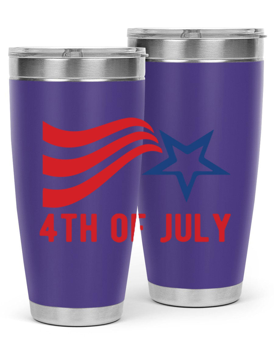 A vibrant 4th of July tumbler featuring a patriotic design, made of double wall vacuum stainless steel with a drink-thru lid.
