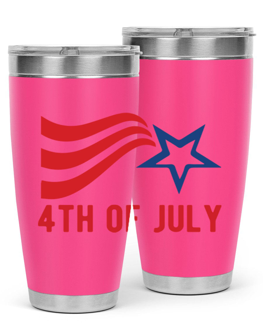 A vibrant 4th of July tumbler featuring a patriotic design, made of double wall vacuum stainless steel with a drink-thru lid.