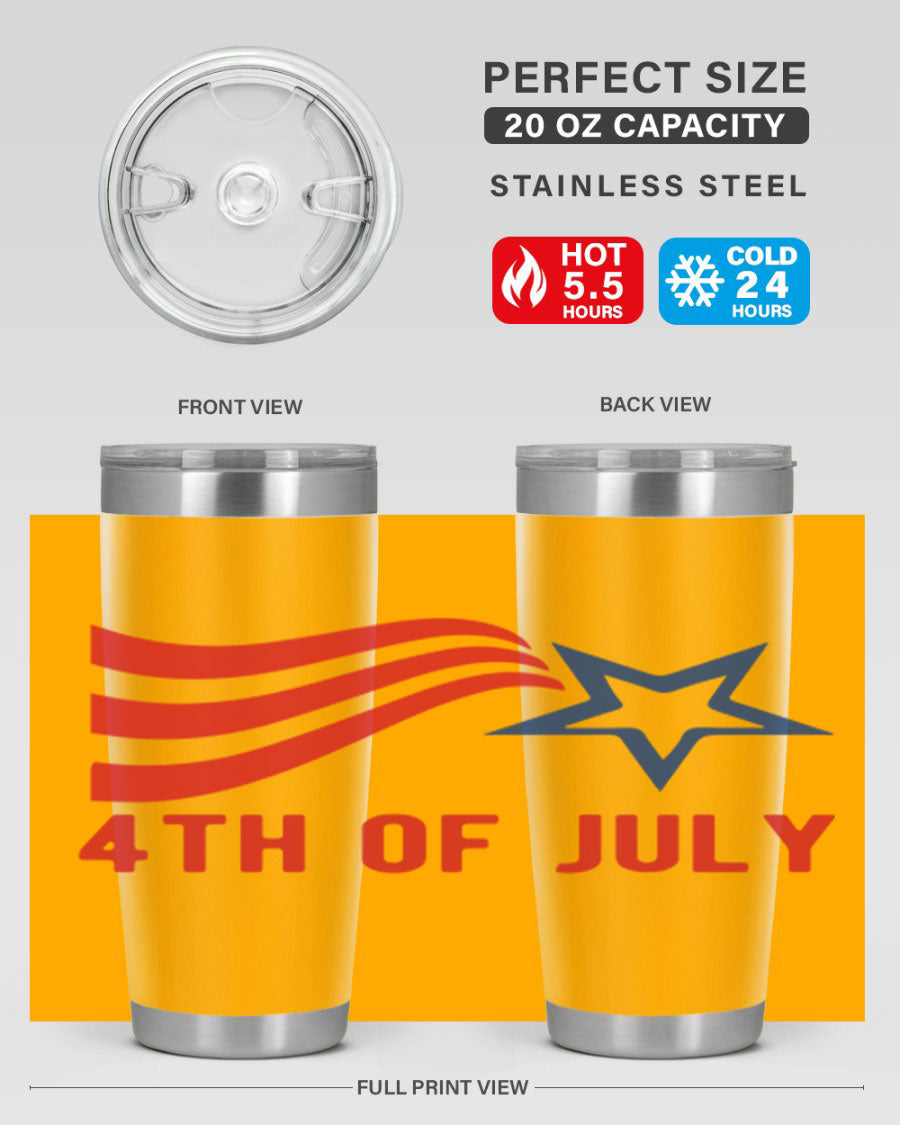 A vibrant 4th of July tumbler featuring a patriotic design, made of double wall vacuum stainless steel with a drink-thru lid.