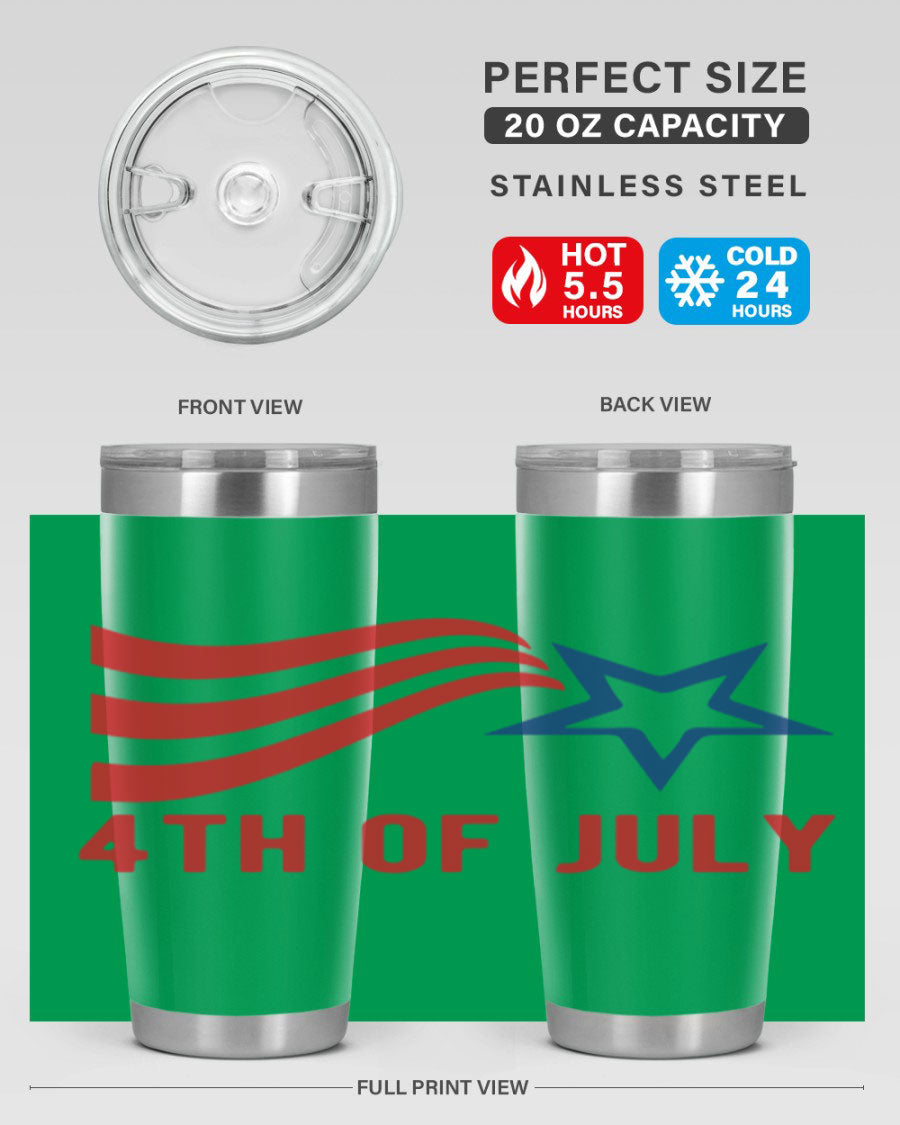 A vibrant 4th of July tumbler featuring a patriotic design, made of double wall vacuum stainless steel with a drink-thru lid.