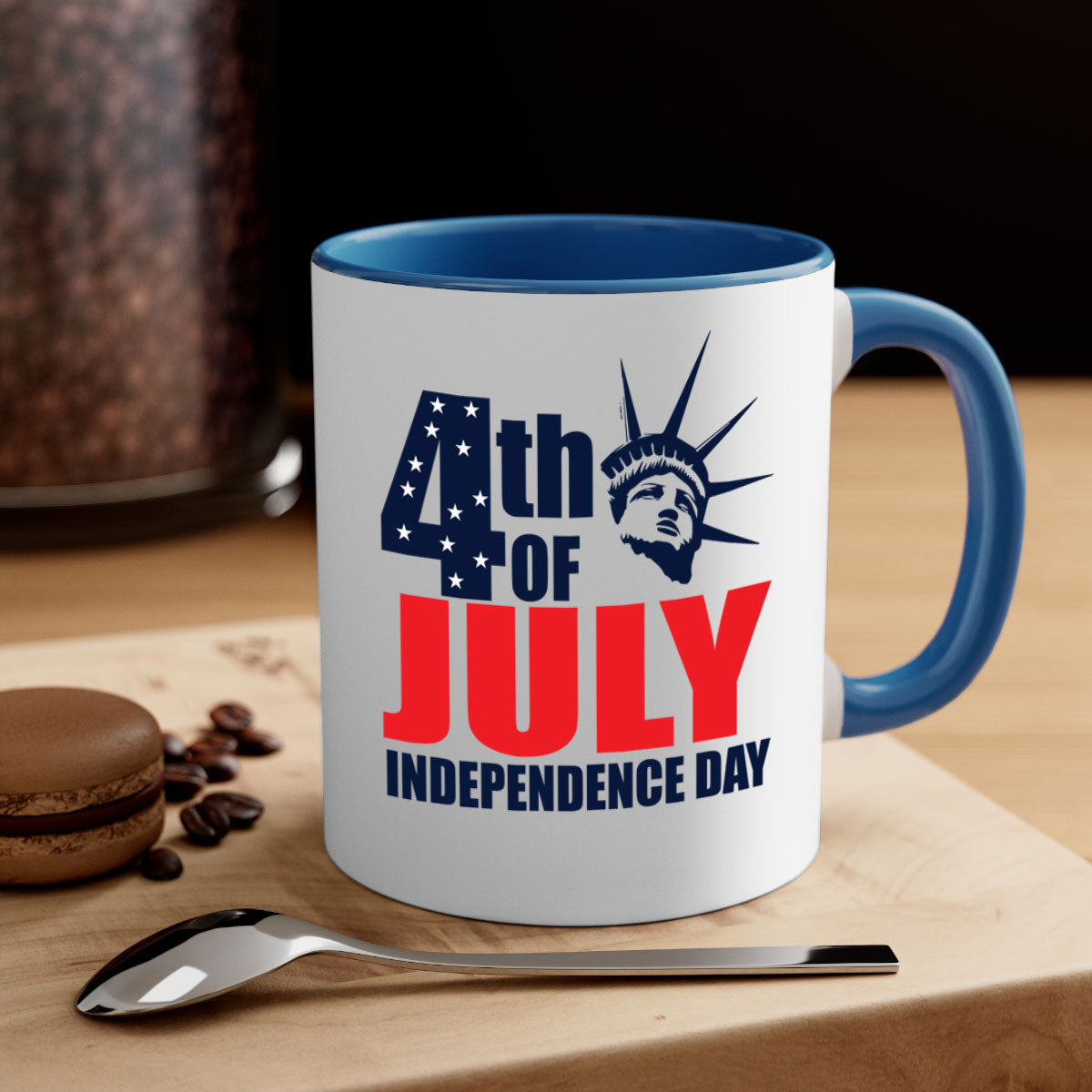 A stylish two-tone 4th of July mug with a colored handle and glossy finish, perfect for coffee or tea.