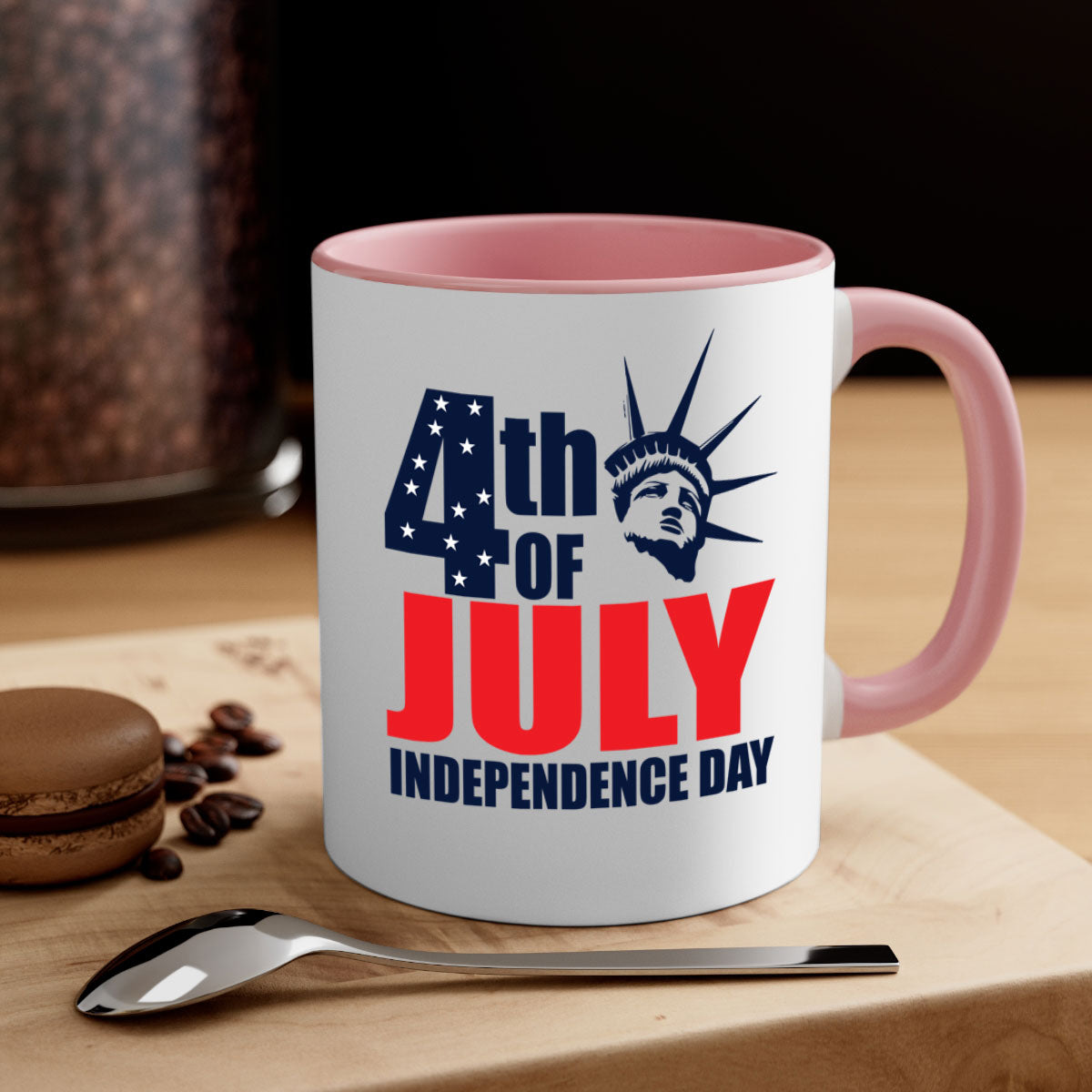 A stylish two-tone 4th of July mug with a colored handle and glossy finish, perfect for coffee or tea.