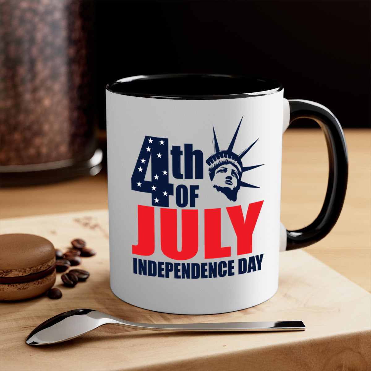 A stylish two-tone 4th of July mug with a colored handle and glossy finish, perfect for coffee or tea.