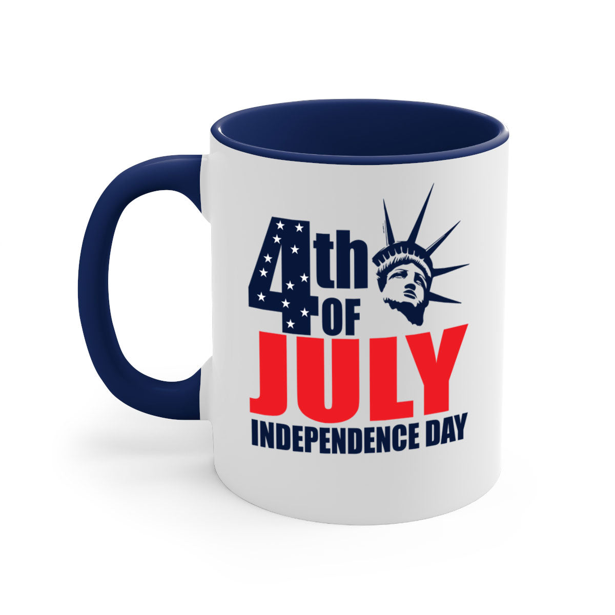 A stylish two-tone 4th of July mug with a colored handle and glossy finish, perfect for coffee or tea.