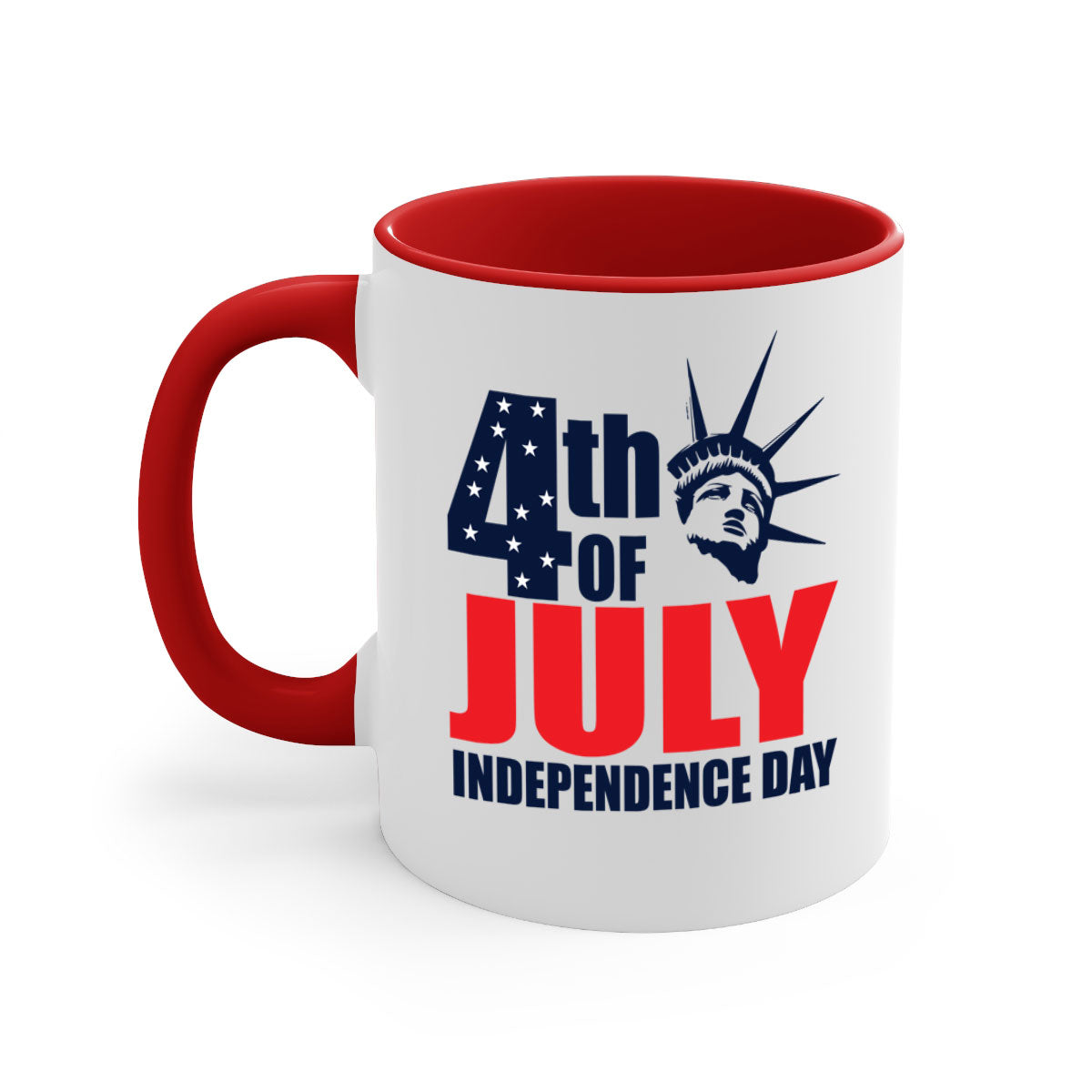 A stylish two-tone 4th of July mug with a colored handle and glossy finish, perfect for coffee or tea.