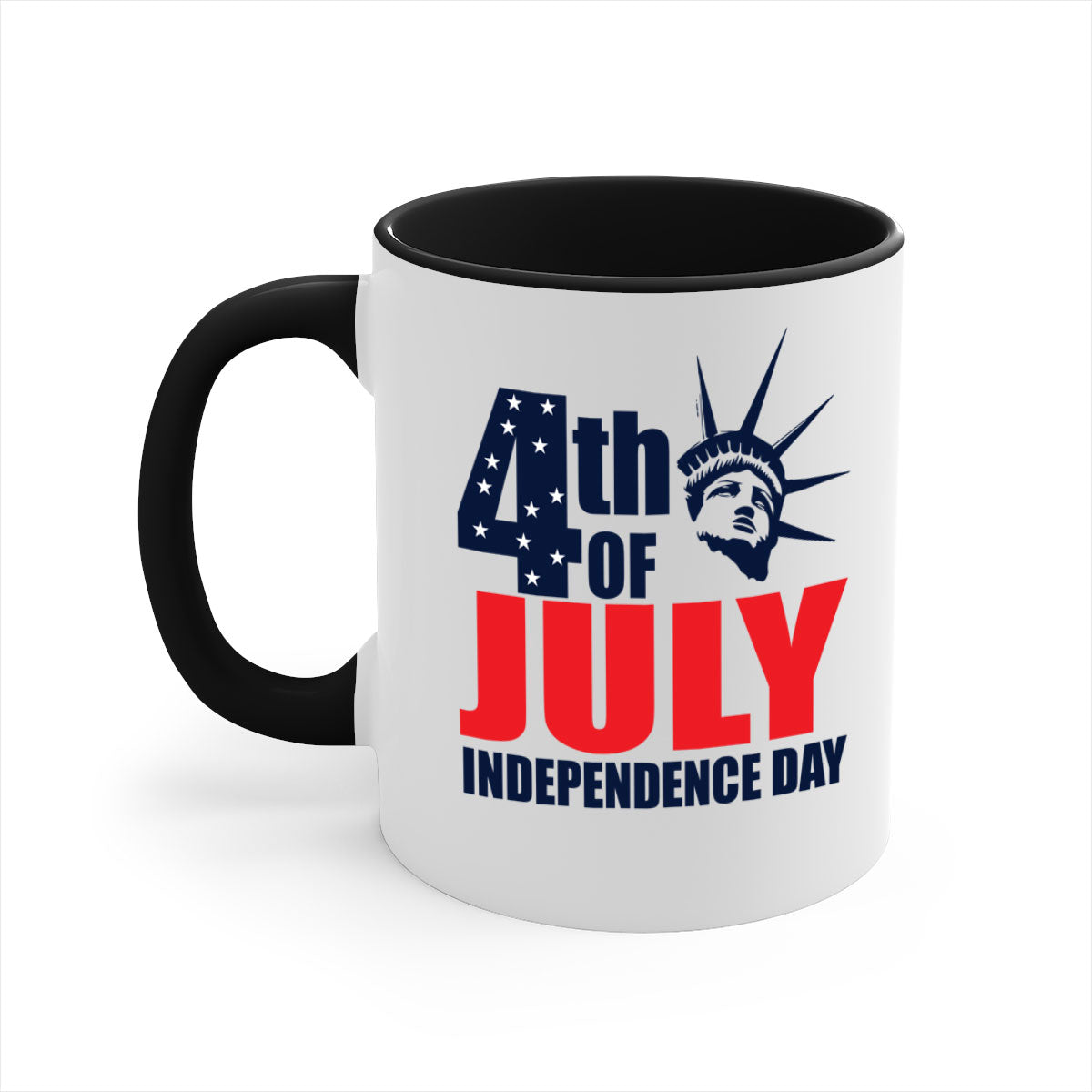 A stylish two-tone 4th of July mug with a colored handle and glossy finish, perfect for coffee or tea.