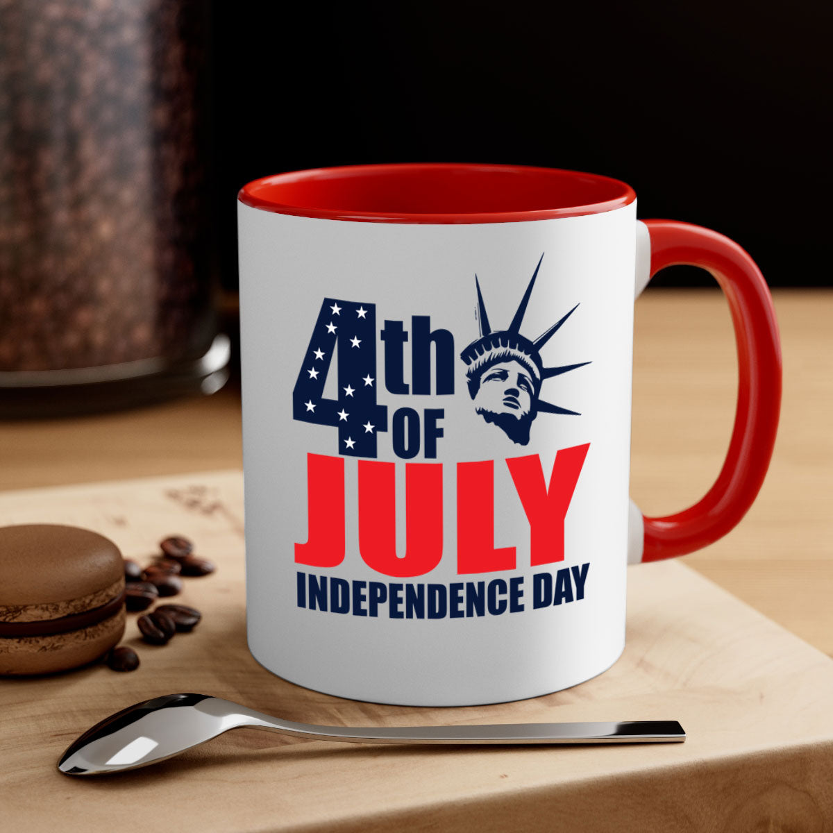 A stylish two-tone 4th of July mug with a colored handle and glossy finish, perfect for coffee or tea.