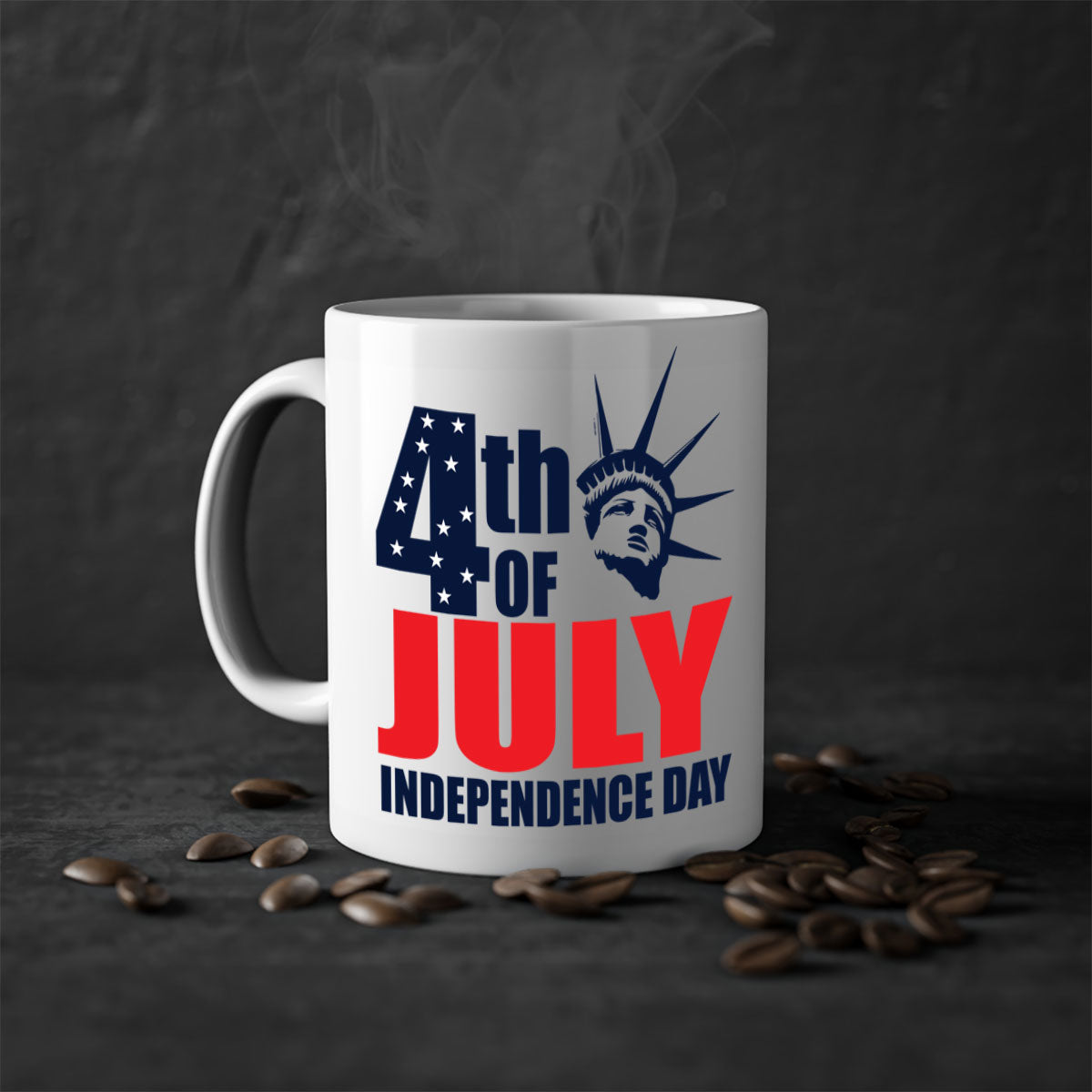 A stylish two-tone 4th of July mug with a colored handle and glossy finish, perfect for coffee or tea.