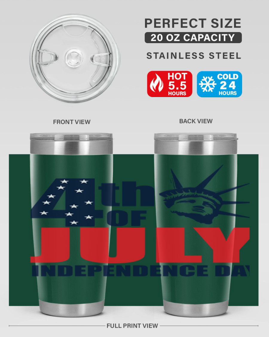 4th of July Independence Day tumbler featuring a vibrant design, double wall vacuum insulation, and a press-in drink-thru lid.