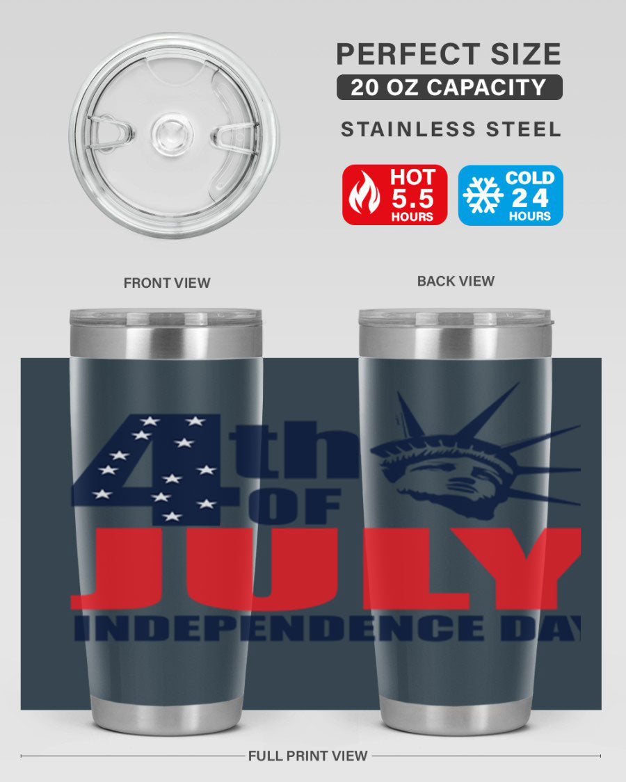 4th of July Independence Day tumbler featuring a vibrant design, double wall vacuum insulation, and a press-in drink-thru lid.