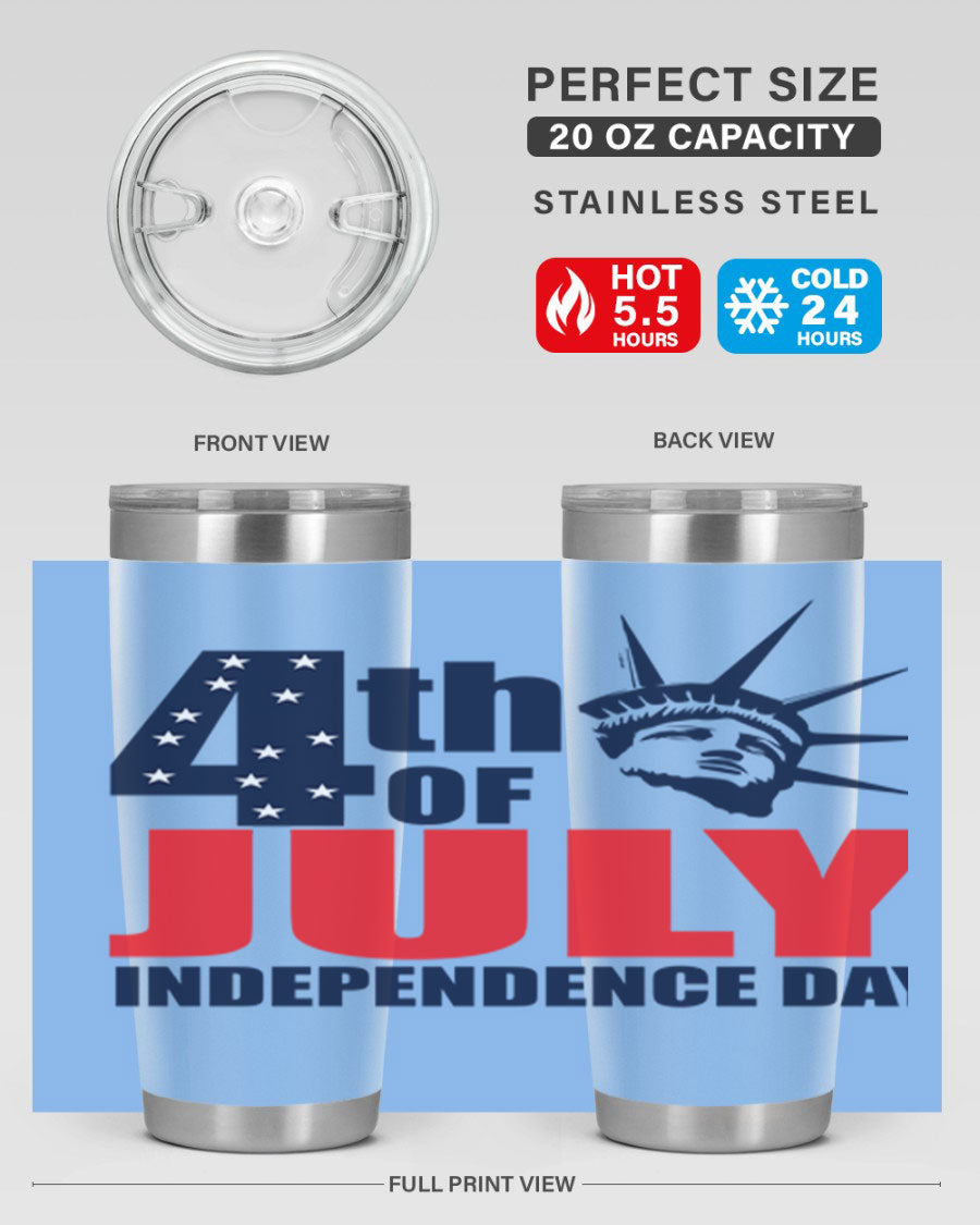 4th of July Independence Day tumbler featuring a vibrant design, double wall vacuum insulation, and a press-in drink-thru lid.