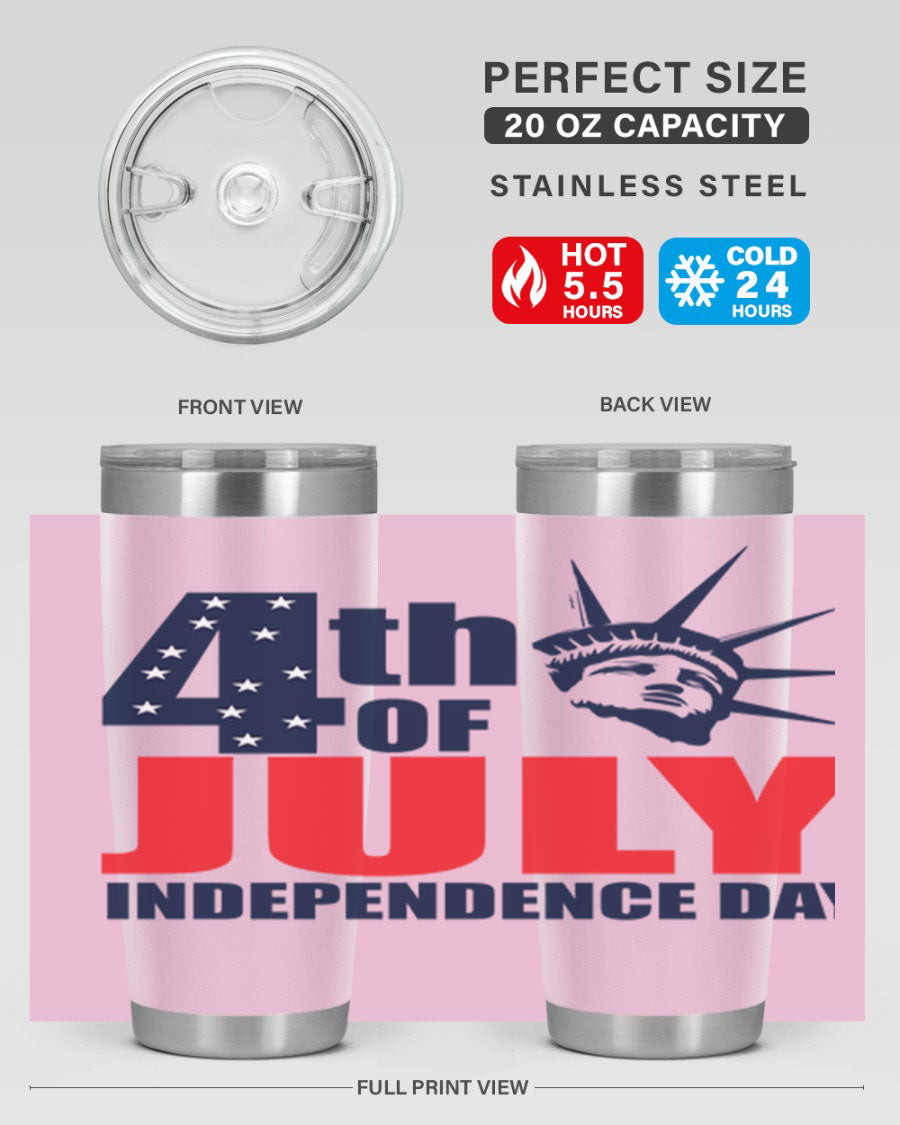 4th of July Independence Day tumbler featuring a vibrant design, double wall vacuum insulation, and a press-in drink-thru lid.