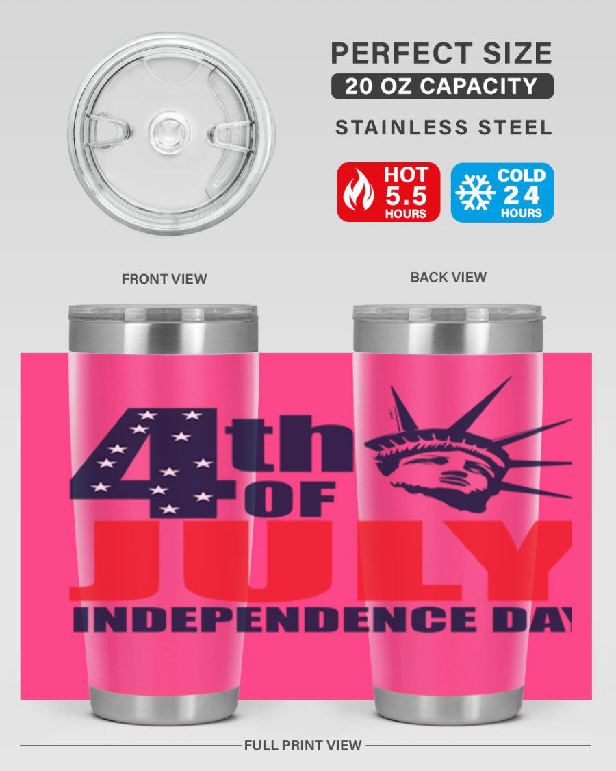 4th of July Independence Day tumbler featuring a vibrant design, double wall vacuum insulation, and a press-in drink-thru lid.