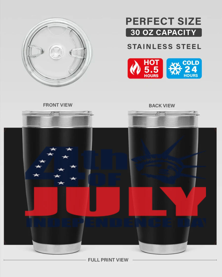 4th of July Independence Day tumbler featuring a vibrant design, double wall vacuum insulation, and a press-in drink-thru lid.