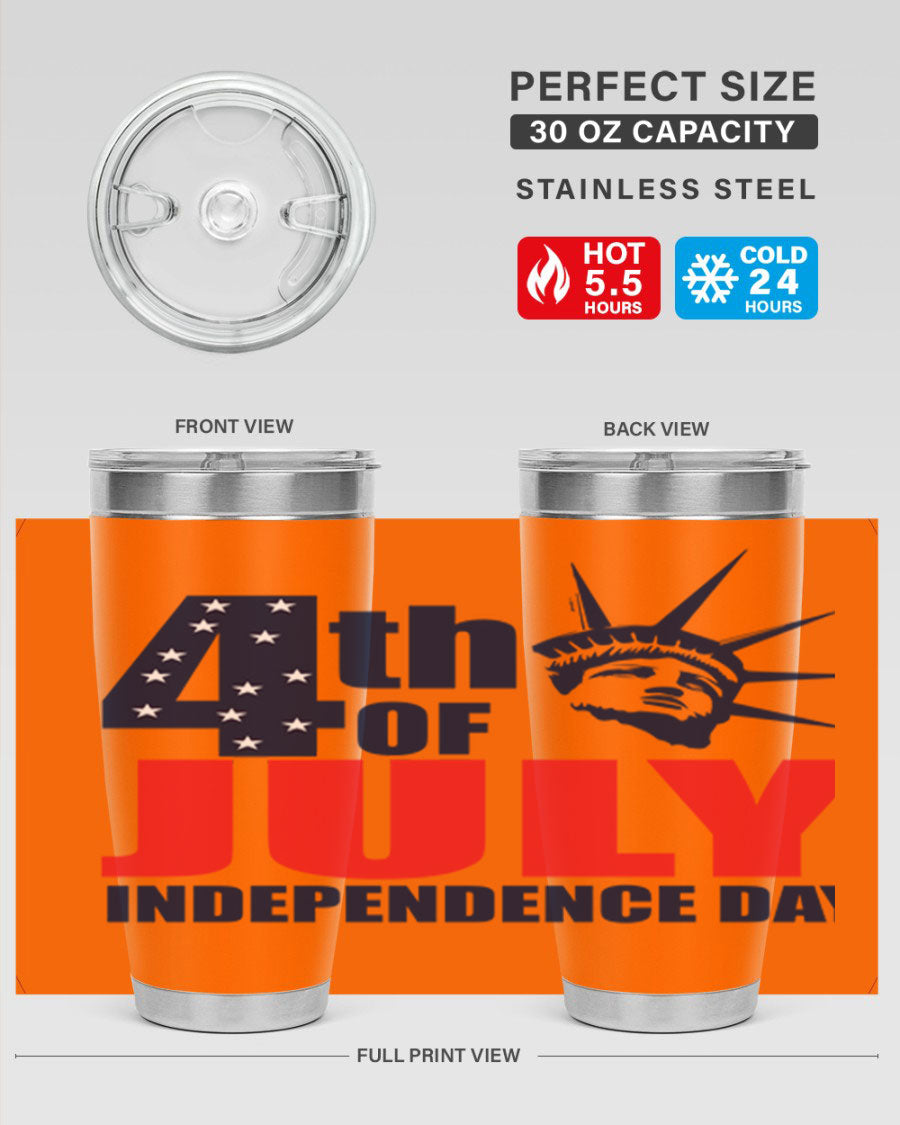 4th of July Independence Day tumbler featuring a vibrant design, double wall vacuum insulation, and a press-in drink-thru lid.